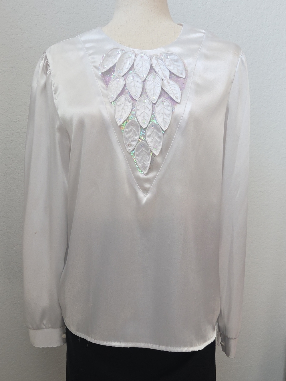 Vintage Secretary Blouse Elegant Winter White Satin Sequin Leaf Embellishment M